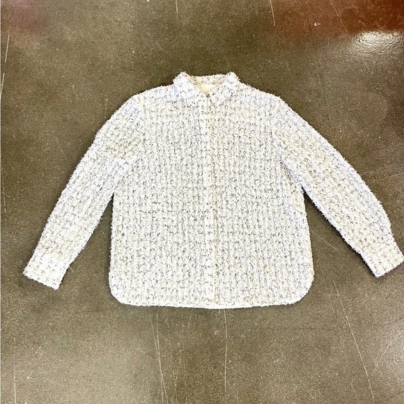St. John Cream Boucle Knit Textured Sheer Shirt / Jacket sz 12 old money preppy - Picture 2 of 16